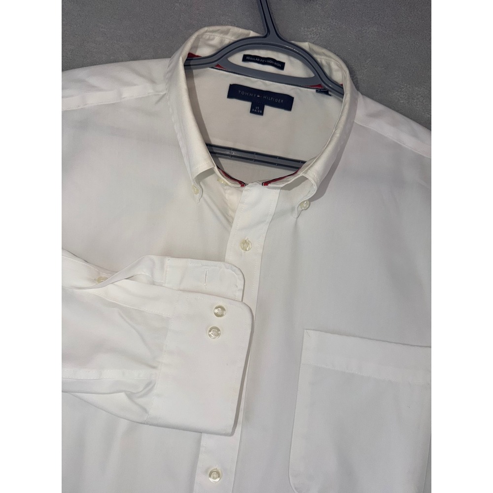 Tommy Hilfiger Mens 17X34/35 White Regular Fit Non Iron Button Down Dress Shirt